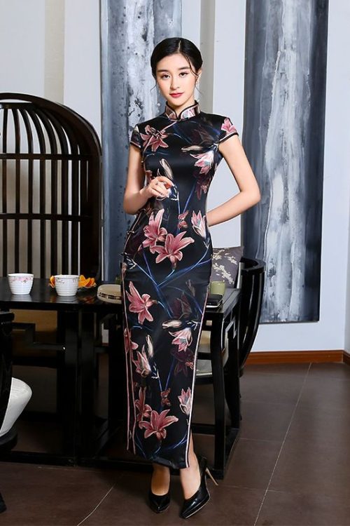 Vestido cheongsam largo de seda negro floral Vestido tradicional asiático Qipao sin mangas 6 Vestido cheongsam largo de seda negro floral | Qipao sin mangas | Vestido tradicional asiático