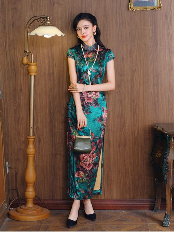 Floral Pattern Long Silk Qipao Green Silk Dress Qipao Modern Dress 4 Floral Pattern Long Silk Qipao | Green Silk Dress | Qipao Modern Dress