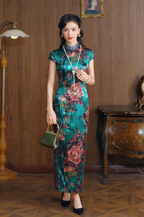 Padrão Floral Seda Longa Qipao Vestido de Seda Verde Qipao Vestido Moderno 6 Padrão Floral Seda Longa Qipao | Vestido de Seda Verde | Vestido Moderno Qipao