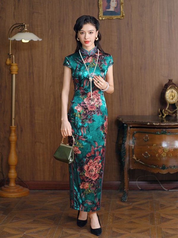 Qipao largo de seda con estampado de flores Vestido Qipao de seda verde Vestido moderno 6 Qipao largo de seda con estampado de flores | Vestido de seda verde | Vestido Qipao Moderno