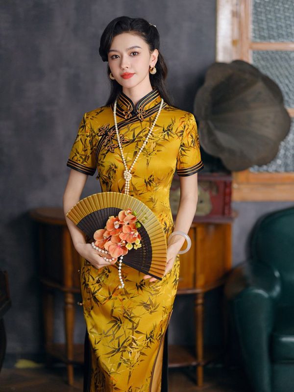 Vestido Qipao de Seda Amarela Tradicional Chinês Traje Mulberry Silk Longo Cheongsam 2 Vestido Qipao de Seda Amarela | Traje Tradicional Chinês | Cheongsam longo de seda amoreira