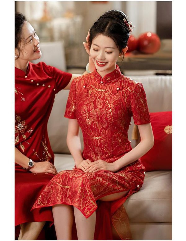 Chinese Short Sleeved Red Cheongsam Qipao Chinese Traditional Wedding Qipao Gown Asian Dress For Wedding Guest 1 Chinese Short-Sleeved Red Cheongsam Qipao | Chinese Traditional Wedding Qipao Gown | Asian Dress for Wedding Guest