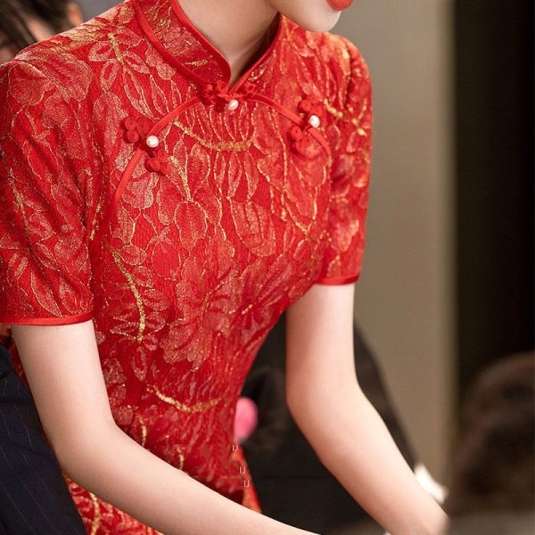 Chinese Short Sleeved Red Cheongsam Qipao Chinese Traditional Wedding Qipao Gown Asian Dress For Wedding Guest 3 Chinese Short-Sleeved Red Cheongsam Qipao | Chinese Traditional Wedding Qipao Gown | Asian Dress for Wedding Guest