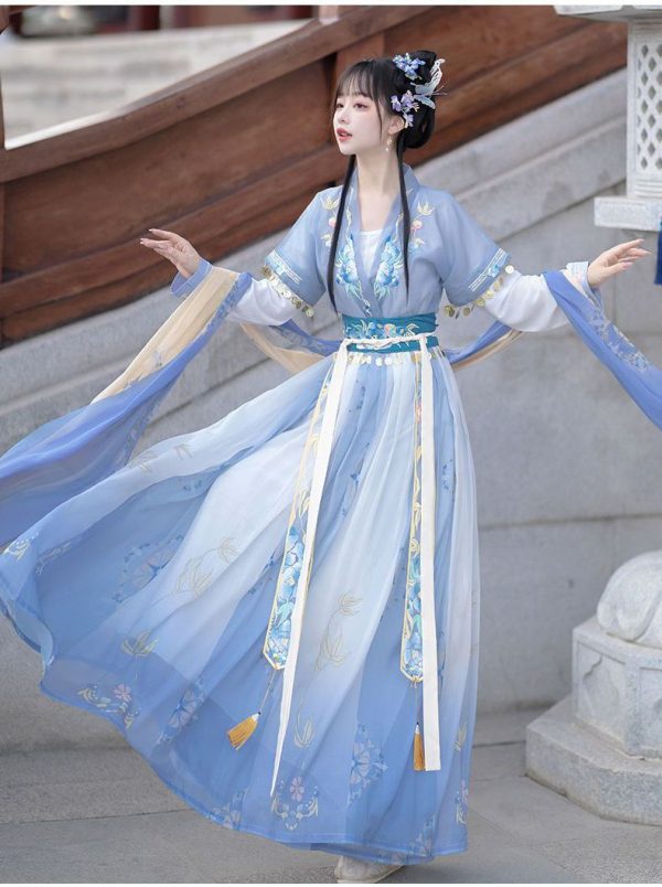 Abito da indumento tradizionale cinese in seta blu della dinastia Song Abito Hanfu in Cina per le donne 2 Abito da indumento tradizionale cinese in seta blu | Abito Hanfu cinese della dinastia Song da donna