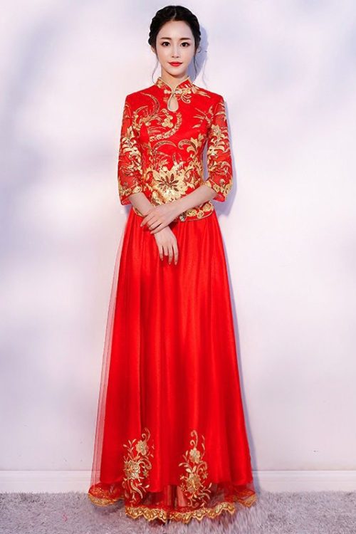 Vestido de casamento tradicional chinês 2 peças vestido vermelho floral feminino roupa asiática para casamento 4 vestido de casamento tradicional chinês |2 peças vestido vermelho floral | Roupa asiática feminina para casamento