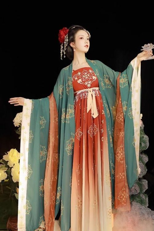 Vêtements typiques chinois de la dynastie Tang, robe Hanfu rouge et verte pour femmes 1, vêtements typiques chinois de la dynastie Tang | Robe Hanfu rouge et verte pour femme