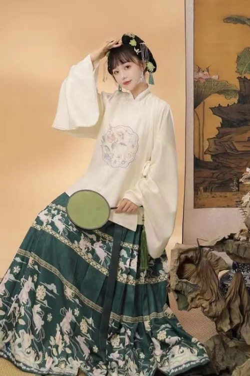 Mamianqun Abbigliamento asiatico da donna Abito Hanfu stampato bianco e verde 6 Mamianqun | Abbigliamento asiatico per donne| Abito Hanfu stampato bianco e verde