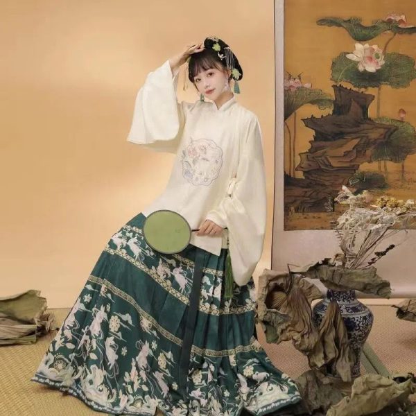 Mamianqun Abbigliamento asiatico da donna Abito Hanfu stampato bianco e verde 6 Mamianqun | Abbigliamento asiatico per donne| Abito Hanfu stampato bianco e verde