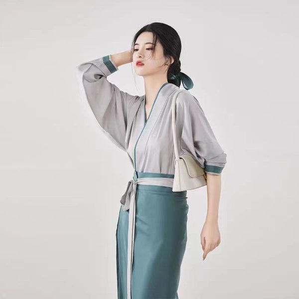 Modernes chinesisches Hanfu-Kleid, moderne chinesische Kleidung für Damen, grün/orange, 2-teilig, Hanfu für Damen 1 Modernes chinesisches Hanfu-Kleid | Moderne chinesische Kleidung für Damen | Grün/orange, 2-teilig, Hanfu für Damen