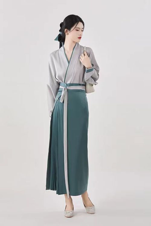 Modernes chinesisches Hanfu-Kleid, moderne chinesische Kleidung für Damen, grün/orange, 2-teilig, Hanfu für Damen, 3 moderne chinesische Hanfu-Kleider, moderne chinesische Kleidung für Damen, grün/orange, 2-teilig