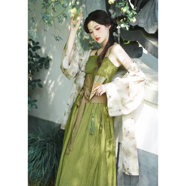 Kf S0df06b305d1d49b1a0a1c4ec26788540h 2024 Chinese Style New Oriental Women S Green Floral Oriental Style Sling Dress Improved Modern Lady chinese style new oriental women's green floral oriental style sling dress improved modern lady hanfu two piece dress set