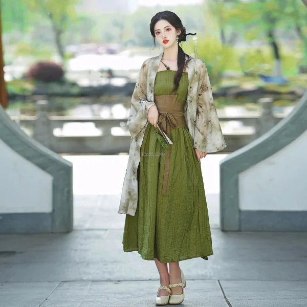 Kf S9f96b600308f4122bf66fef539cde340w 2024 Chinese Style New Oriental Women S Green Floral Oriental Style Sling Dress Improved Modern Lady chinese style new oriental women's green floral oriental style sling dress improved modern lady hanfu two piece dress set