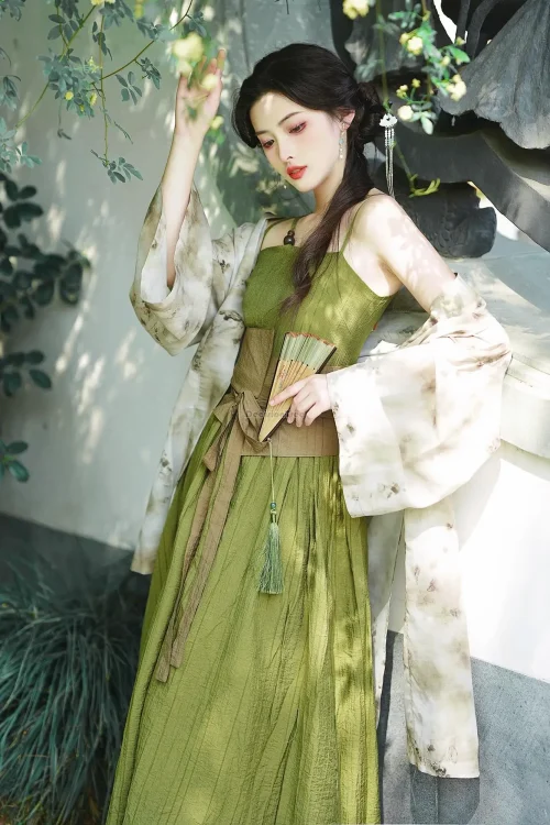 Kf Sbf8e18097f7a413aa04318fea9174174y 2024 Chinese Style New Oriental Women S Green Floral Oriental Style Sling Dress Improved Modern Lady chinese style new oriental women's green floral oriental style sling dress improved modern lady hanfu two piece dress set