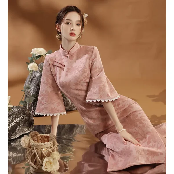 Kf H12f7bba429734626b3a8dde6289679d0y Pink Cheongsam Improved Autumn Style 2021 New Chinese Qipao Modern Young Girl Elegant Dress Winter Long Pink Cheongsam Improved Autumn Style New Chinese Qipao Modern Young Girl Elegant Dress Winter Long Sleeve