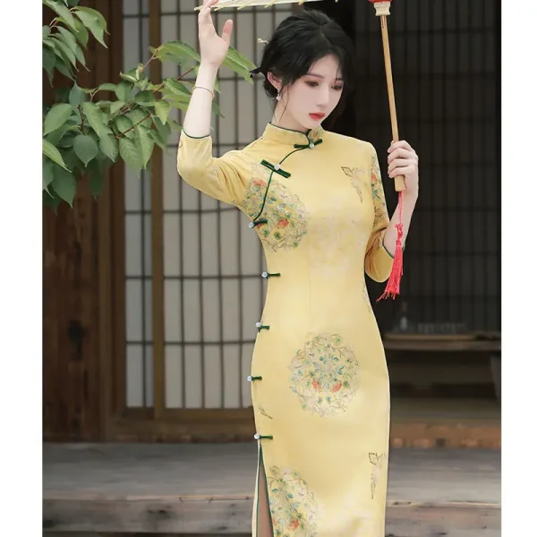 Kf H1e8eb07c5c74426689447eb9a56c7dd86 Yellow Cheongsam Women2022 New Improved Qipao Spring Autumn Vintage Style Stand Collar Young Girl 3 4 Yellow Cheongsam Women New Improved Qipao Spring Autumn Vintage Style Stand Collar Young Girl 3/4 Sleeve Long Dresses