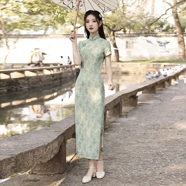 Kf H48138d5203934f59a88ad8c6d2509652o Female Qipao Floral Print Short Cheongsam Vestidso Elegant Chinese Style Dress Green Novelty Retro Evening Party Female Qipao Floral Print Short Cheongsam Vestidso Elegant Chinese Style Dress Green Novelty Retro Evening Party Daily Dress