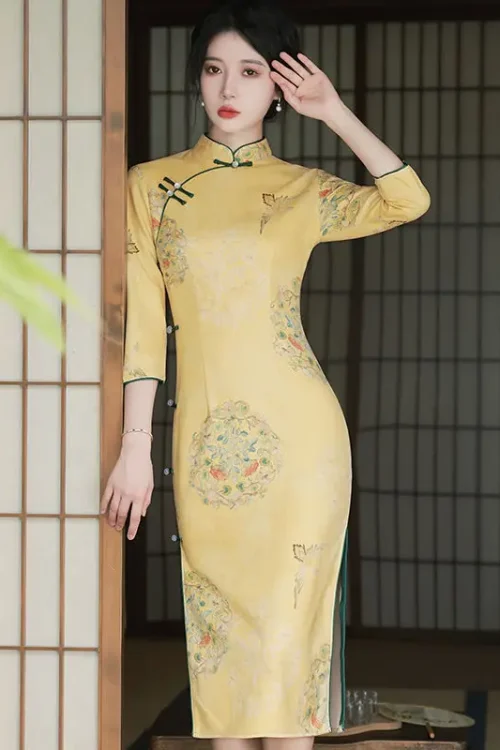 Kf H4fc129477fc6417c80de430d6375af296 Yellow Cheongsam Women2022 New Improved Qipao Spring Autumn Vintage Style Stand Collar Young Girl 3 4 Yellow Cheongsam Women New Improved Qipao Spring Autumn Vintage Style Stand Collar Young Girl 3/4 Sleeve Long Dresses