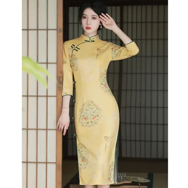 Kf H4fc129477fc6417c80de430d6375af296 Yellow Cheongsam Women2022 New Improved Qipao Spring Autumn Vintage Style Stand Collar Young Girl 3 4 Yellow Cheongsam Women New Improved Qipao Spring Autumn Vintage Style Stand Collar Young Girl 3/4 Sleeve Long Dresses