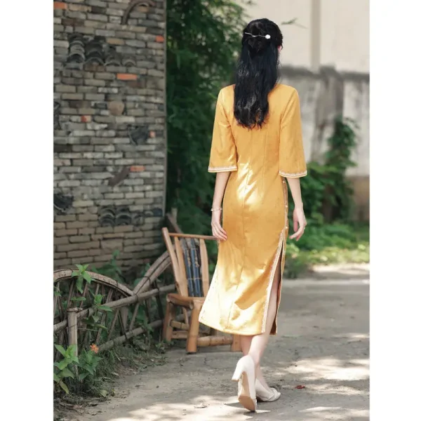 Kf H60ab1d5904a046a8b9ac203e1c989418y Chinese Style Cheongsam Yellow Retro Qipao 2021 New Long Style Young Girl Daily Modern Improved Oriental Chinese Style Cheongsam Yellow Retro Qipao New Long Style Young Girl Daily Modern Improved Oriental Dress Autumn Winter