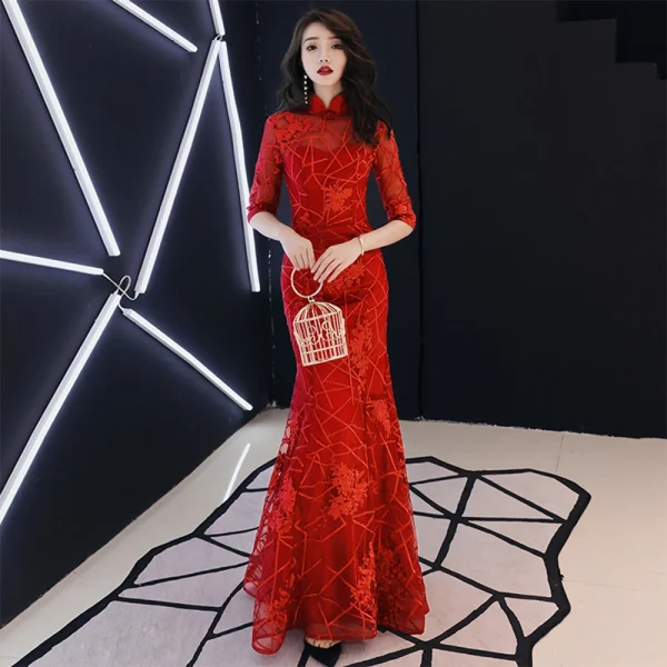 Kf H70fdb42a2714463ba4a7d53c7e5f13e2s Mandarin Collar Women Qipao Red Bridal Wedding Mermaid Dress Slim Elegant Cheongsam Vintage Button Big Size Mandarin Collar Women Qipao Red Bridal Wedding Mermaid Dress Slim Elegant Cheongsam Vintage Button Big Size 3XL Maxi Dress