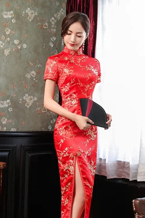 cheongsam en satin brocart élégant avec fente longue, classique chinois pour femme, manches courtes, sexy, de mariage, robe de soirée, 4XL