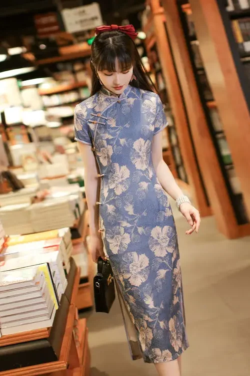 Kf H89f9036d3c374dfcbdd1973c1bd0a1cdx Women Chinese Style Dress Cheongsam Retro Elegant Blue Qipao Cheongsam Plus Size 3XL Vestido China Summer Clothing Qipao