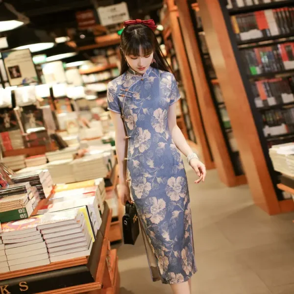 Kf H89f9036d3c374dfcbdd1973c1bd0a1cdx Women Chinese Style Dress Cheongsam Retro Elegant Blue Qipao Cheongsam Plus Size 3XL Vestido China Summer Clothing Qipao