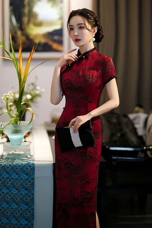 Kf H968f6e4e82da41b890fc787ea8671c8cv Print Leaf Vintage Button Chinese Women Classic Cheongsam Sexy Slim Long Evening Dress Summer Vestidos Mandarin Print Leaf Vintage Button Chinese Women Classic Cheongsam Sexy Slim Long Evening Dress Summer Vestidos Mandarin Collar Qipao