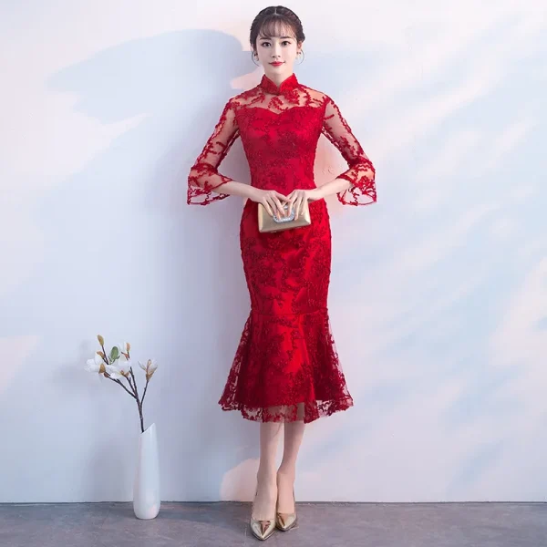 Kf Htb10hpdh29tbunjy1zbq6xpepxa9 2020 Red Chinese Wedding Dress Female Long Half Sleeve Cheongsam Slim Chinese Traditional Dress Women Qipao Red Chinese Wedding Dress Female Long Half Sleeve Cheongsam Slim Chinese Traditional Dress Women Qipao for Wedding Party