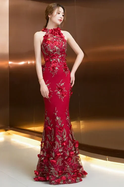 Kf Htb1m7oybcfrk1rjsszcq6xggfxap Red Mermaid Evening Dresses Halter Sleeveless Long Formal Party Dresses 3d Lace Embroider Floor Length Trumpet Red Mermaid Evening Dresses Halter Sleeveless Long Formal Party Dresses 3D Lace Embroider Floor Length Trumpet Evening Dresses