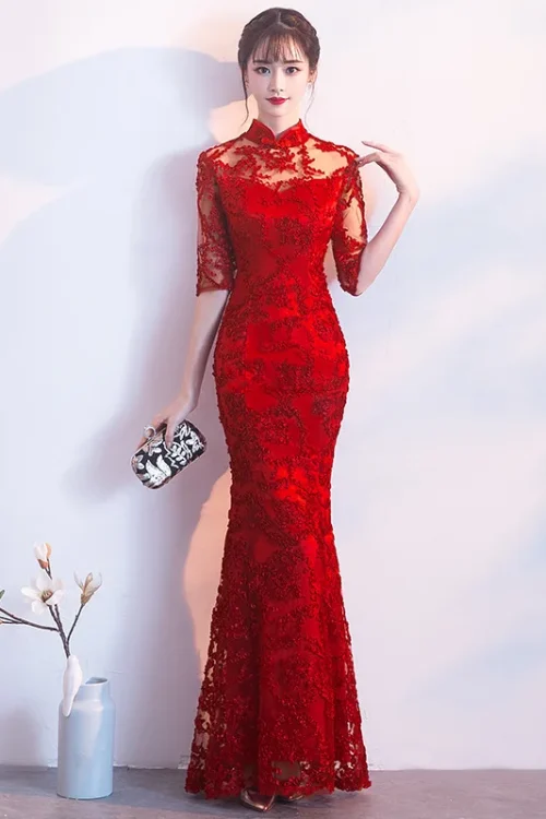 Kf Htb1rqaph4sybunjssphq6zgvvxai 2020 Red Chinese Wedding Dress Female Long Half Sleeve Cheongsam Slim Chinese Traditional Dress Women Qipao Red Chinese Wedding Dress Female Long Half Sleeve Cheongsam Slim Chinese Traditional Dress Women Qipao for Wedding Party