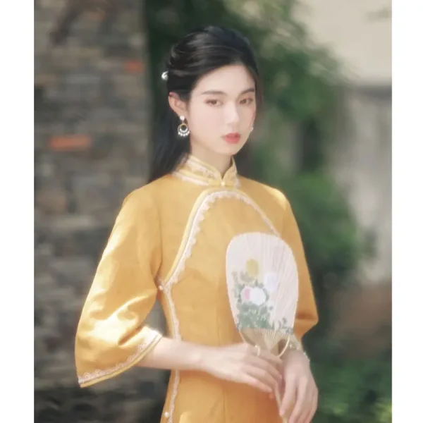 Kf Ha3d56919c687493ebfb2867c76634b23j Chinese Style Cheongsam Yellow Retro Qipao 2021 New Long Style Young Girl Daily Modern Improved Oriental Chinese Style Cheongsam Yellow Retro Qipao New Long Style Young Girl Daily Modern Improved Oriental Dress Autumn Winter