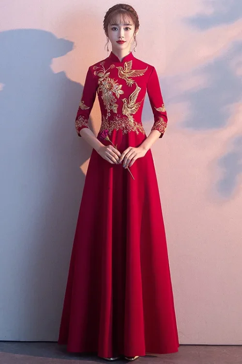 Kf Hab4275c6632e498aad1bd9d2c16bfc63b Red Bridal Dress Chinese Wedding Cheongsam Dresses Skirt Female Modern Asian Women Embroidered A Line Formal Red bridal dress Chinese wedding cheongsam dresses skirt female modern Asian Women embroidered A-line Formal Gowns vestido