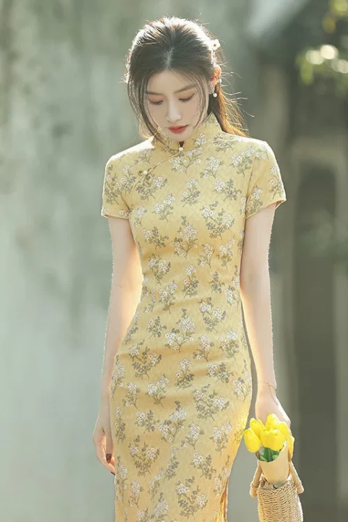 Kf Hc928a0a451774b778ed40ab48b39c79eq New Style Cheongsam Summer Young Modified Small Party Dress Yellow Girl Temperament Long Dress Qipao Vestidos New Style Cheongsam Summer Young Modified Party Dress Yellow Girl Temperament Long Dress Qipao Vestidos Vestido De Noche