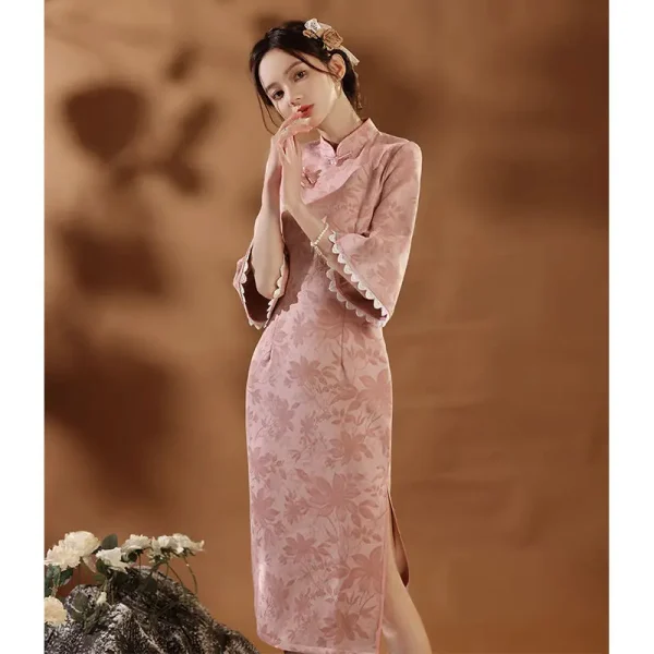 Kf Hea23330e928249fb821685563e2a6211h Pink Cheongsam Improved Autumn Style 2021 New Chinese Qipao Modern Young Girl Elegant Dress Winter Long Pink Cheongsam Improved Autumn Style New Chinese Qipao Modern Young Girl Elegant Dress Winter Long Sleeve