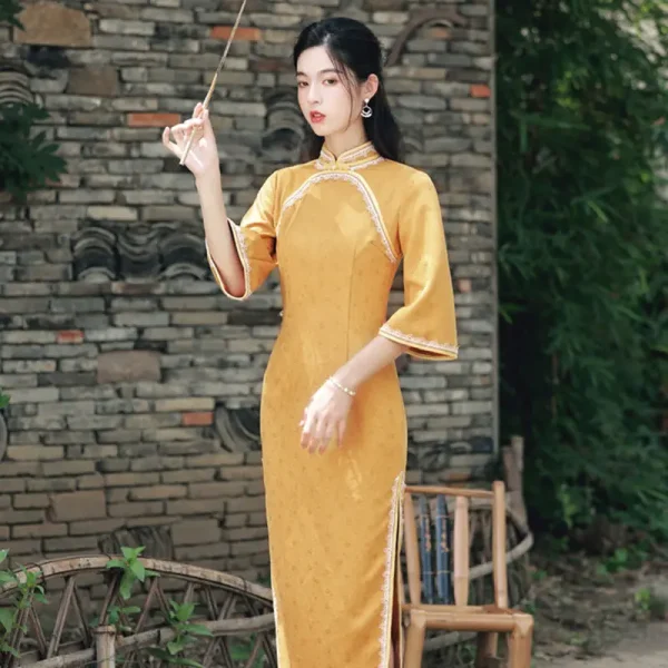 Kf Hf65e568f6f1f45128a725fc21a6de368c Chinese Style Cheongsam Yellow Retro Qipao 2021 New Long Style Young Girl Daily Modern Improved Oriental Chinese Style Cheongsam Yellow Retro Qipao New Long Style Young Girl Daily Modern Improved Oriental Dress Autumn Winter