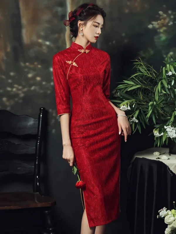 Kf S0090b5019a594691a9d4a6c063122ba12 Vestido longo estilo chinês Vermelho Slim Cheongsam Qipao Vestido de festa de casamento Hanfu Summer Lace Vestido longo estilo chinês Vermelho Slim Cheongsam Qipao Vestido de festa de casamento Hanfu Summer Lace