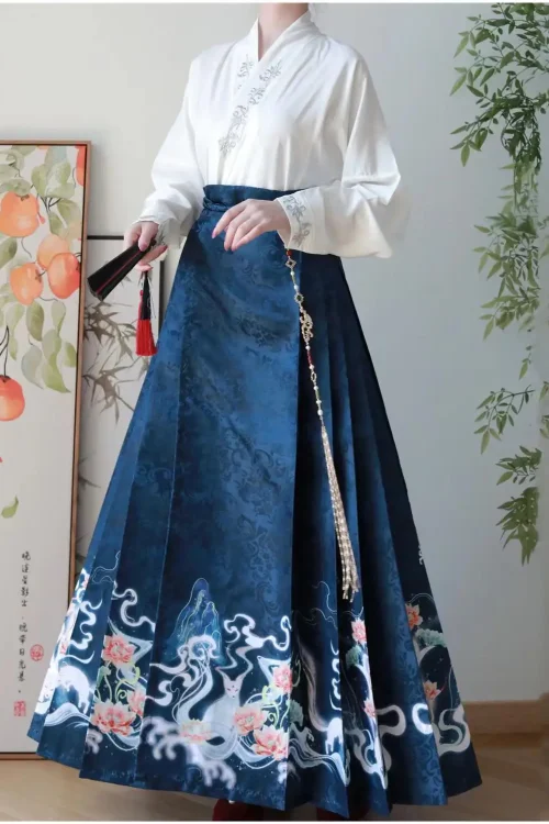 Kf S01048505758347439f1abd14e1267281z Vintage Women Chinese Traditional Hanfu Cardigan Shirt Blue Pleated Mamian Skirt Chinese Hot Hanfu Shirt Horse Vintage Women Chinese Traditional Hanfu Cardigan Shirt + Blue Pleated Mamian Skirt Chinese Hot Hanfu Shirt Horse Face Skirt Set