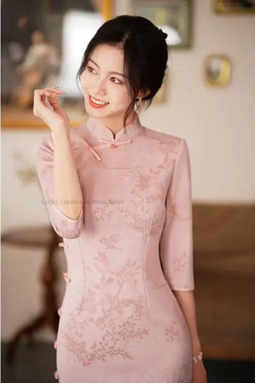 Kf S02db93e8cacb447eb98fbf8988337ff3d New Chinese Style Traditional Dress Improved Qipao Women Women Pink Floral Vintage Cheongsam Elegant Jacquard Lady New Chinese Style Traditional Dress Improved Qipao Women Women Pink Floral Vintage Cheongsam Elegant Jacquard Lady Sexy Qipao