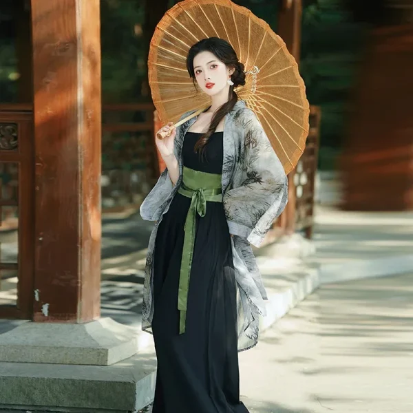 Kf S02ff0b2f4d1247efac929f5ea5ce461dr Summer New Chinese Style Hanfu Front Opening Ink Printing Long Cardigan Modified Song Pants Three Piece Summer New Chinese Style Hanfu Front Opening Ink Printing Long Cardigan Modified Song Pants Three-piece Suit