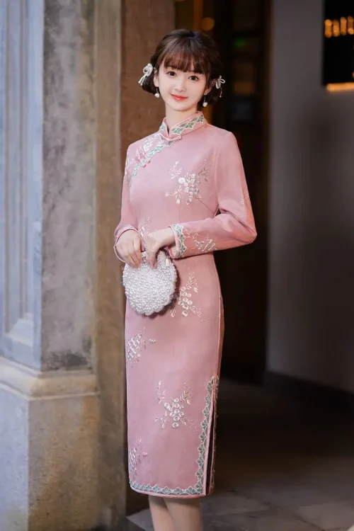 Kf S06b4d3619dce435e9260265d9fd9a87b7 Gaun Cheongsam Gaun Cheongsam Modern Qipao Pakaian Tradisional Cina untuk Wanita Musim Semi Baru Merah Muda Panjang Musim Gugur Musim Dingin