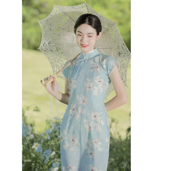 Kf S06ec52e90c47484cb55b5ed5b1efcd050 Summer Vintage Blue Dress Women Elegant Cotton Linen Stand Collar Floral Printed Short Sleeve Cheongsam Qipao Summer Vintage Blue Dress Women Elegant Cotton Linen Stand Collar Floral Printed Short Sleeve Cheongsam Qipao Evening Dresses