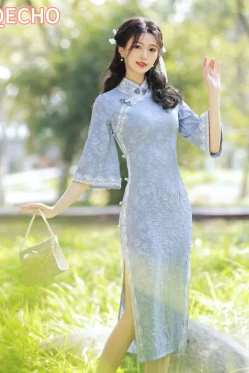 Kf S097dfd56cc094c9597dafd575a10009ca Women Blue Improved Cheongsam High Fashion Slim Big Sleeve Autumn Lace Dress New Traditional Vintage Long Improved Cheongsam High-Fashion Slim Big Sleeve Autumn Lace Dress New Traditional Vintage Long Qipao S To 3XL