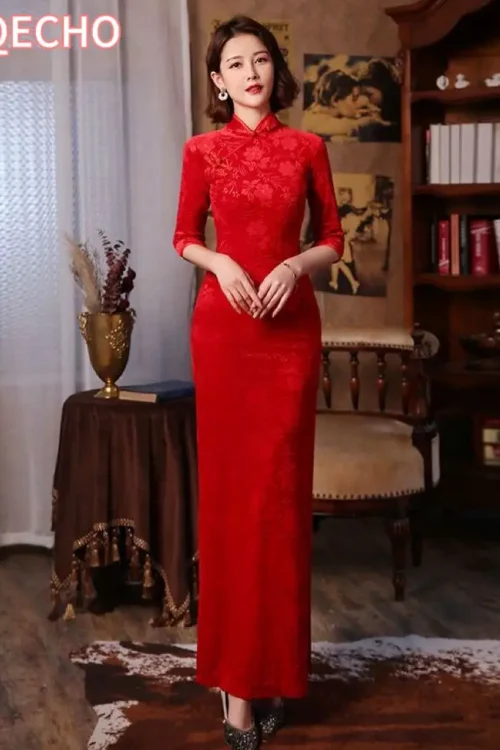 Kf S0a49a8ac71944df78b56202ea8f2cd2dg Red 3 4 Sleeve Long Cheongsam Velvet Slim Mother Dress Elegant Traditional Evening Dresses Qipao Red 3/4 Sleeve Long Cheongsam Velvet Slim Mother Dress Elegant Traditional Evening Dresses Qipao