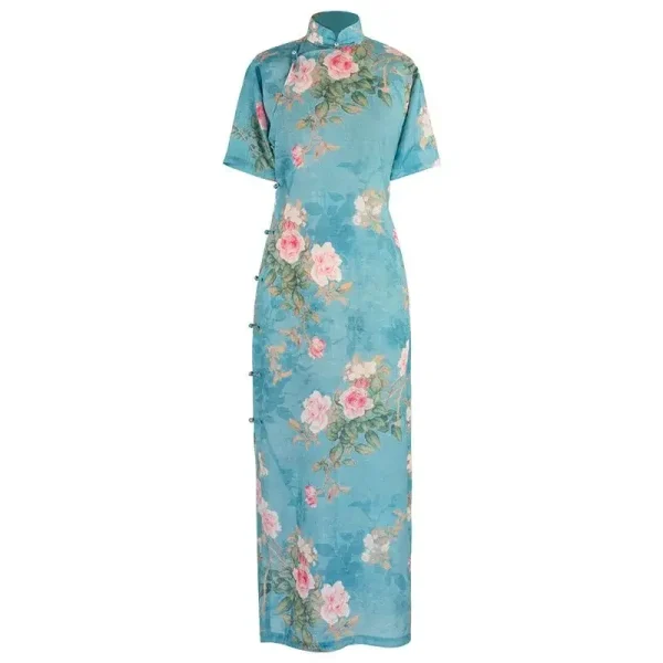 Kf S0cb23e794fa047e3b1a207d89a5facbdy Summer Chinese Style Women Elegant Printed Cotton Linen Retro Qipao Buttoned Loose Blue Traditional Cheongsam Long Summer Chinese Style Women Elegant Printed Cotton Linen Retro Qipao Buttoned Loose Blue Traditional Cheongsam Long Dress Robe