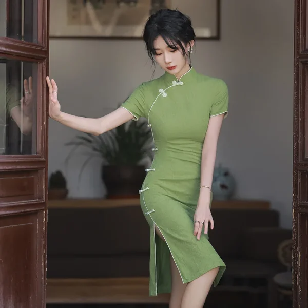 Kf S0d19b5a0262b41a8bf7c2f2e280ffc9ct Cheongsam 2022 New Women Summer Green Short Dress Improved Spring Vintage Chinese Style Qipao Green Short Dress Improved Spring Vintage Chinese Style Qipao