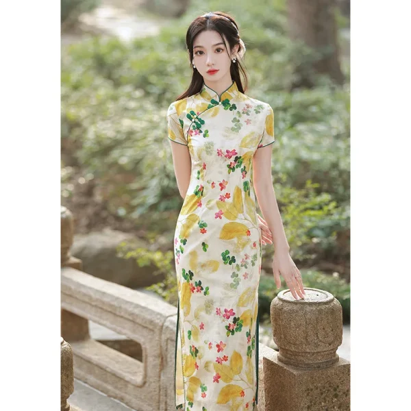 Kf S0e681468ca2948f78c8f6391b9440235y Yellow Chinese Style Cheongsam Yellow Women Handmade Button Traditional Vintage Dress Short Sleeve Floral Qipao S Yellow Chinese Style Cheongsam Yellow Women Handmade Button Traditional Vintage Dress Short Sleeve Floral Qipao S To XXL