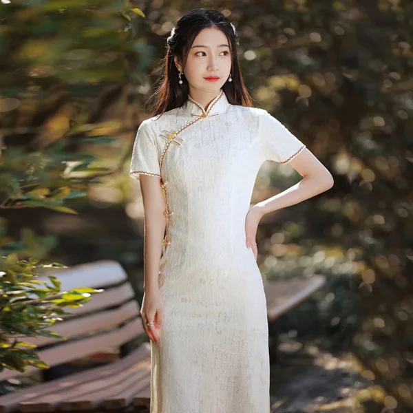 Kf S0ff15c107e1c4c86a1aae5dd17da4a6ff Summer Vintage Elegant White Lace Cheongsam Women Short Sleeve Daily Dress Chinese Traditional Improved Button Qipao Summer Vintage Elegant White Lace Cheongsam Women Short Sleeve Daily Dress Chinese Traditional Improved Button Qipao