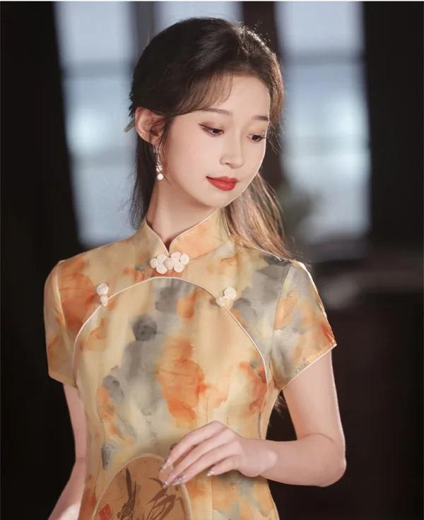 Kf S11c38b9caf8143b1947aba0ae3227f314 Yellow Cheongsam Female Summer High End Printed Qipao Improved Girl Young Temperament Retro Republic Of China Yellow Cheongsam Female Summer High-end Printed Qipao Improved Girl Young Temperament Retro Republic of China Dress Chinoise New