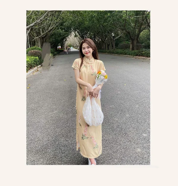 Kf S128b32f126944deca0e1ee1781d58e28n Women Yellow Loose Cheongsam High Quality Summer New Dress Short Sleeve Floral Vintage Qipao S To Women Yellow Loose Cheongsam High Quality Summer New Dress Short Sleeve Floral Vintage Qipao S To 3XL